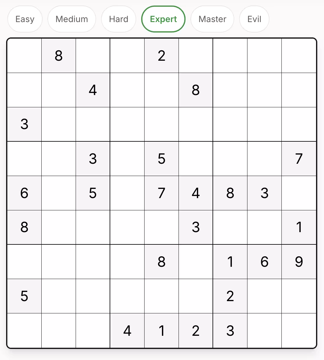 विशेषज्ञ सुडोकू - संज्ञानात्मक उत्कृष्टता के लिए परम निपुणता चुनौती विशेषज्ञ सुडोकू - केवल 20-22 सुरागों के साथ निपुणता चुनौती जिसमें जटिल तकनीकों की आवश्यकता है