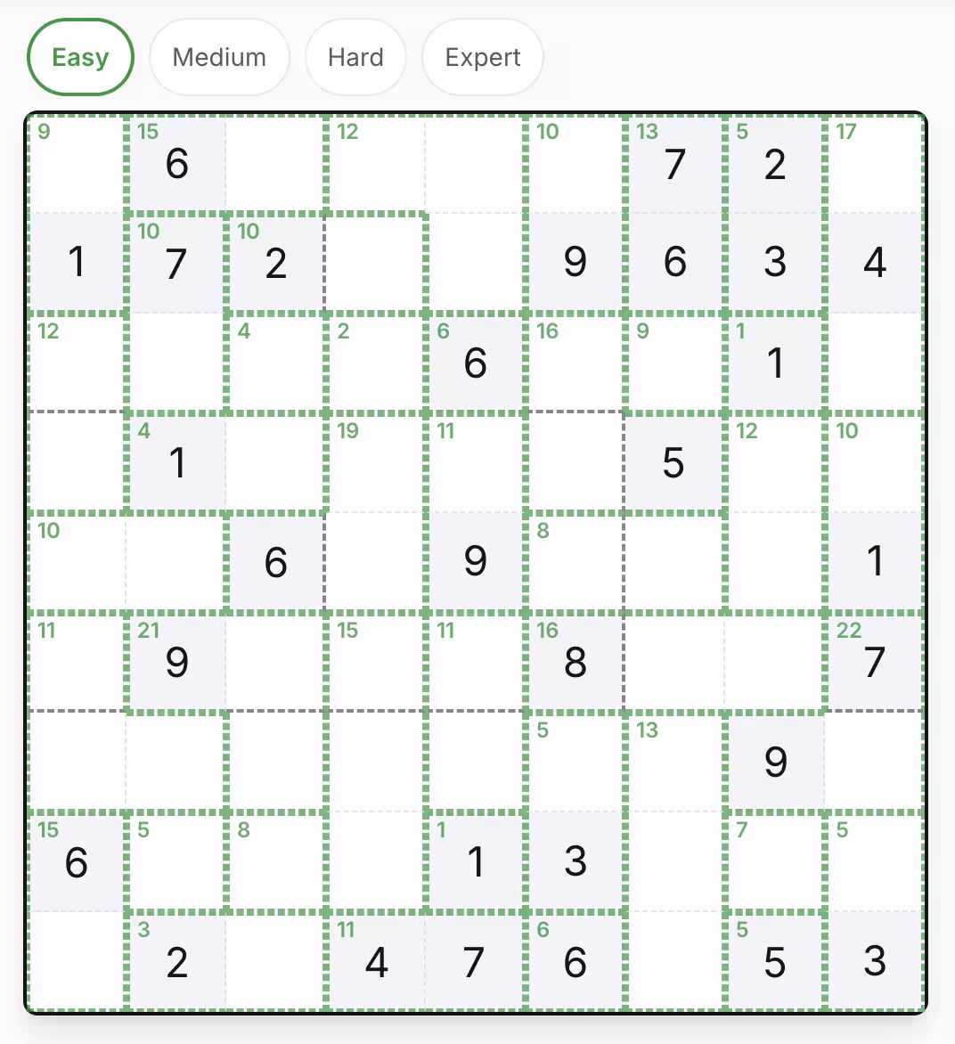 Killer Sudoku Easy - Beginner arithmetic puzzle with cage constraints and sum challenges, perfect for learning mathematical sudoku